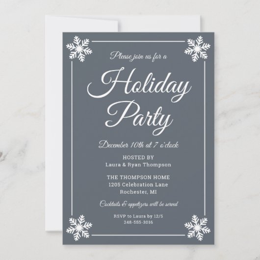 Elegant Slate Grey Snowflake Script Holiday Party Kaart (Voorkant)