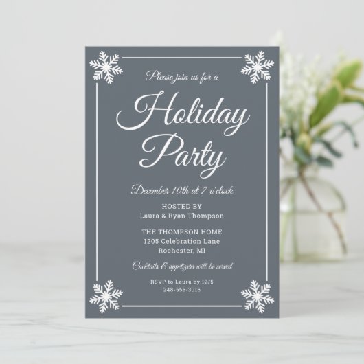 Elegant Slate Grey Snowflake Script Holiday Party Kaart (Staand voorkant)