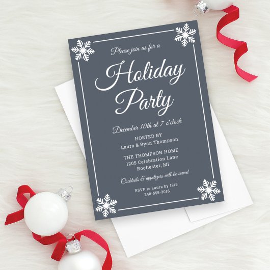 Elegant Slate Grey Snowflake Script Holiday Party Kaart