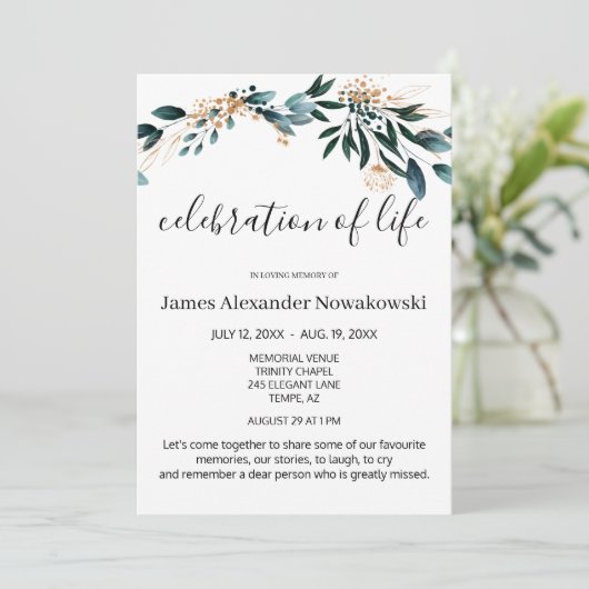 Elegant Smaakvol Bloemen Leven Viering Begrafenis Kaart (Staand voorkant)