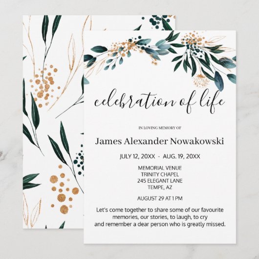 Elegant Smaakvol Bloemen Leven Viering Begrafenis Kaart (Voorkant / Achterkant)