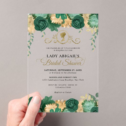 Elegant Smaragd Bloemen Victoriaans Vrijgezellenfe Acryl Uitnodigingen (Insitu (Draagbaar))