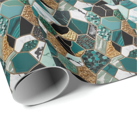 Elegant smaragd, goud en zwart geometrisch marmer cadeaupapier (Rol Hoek)