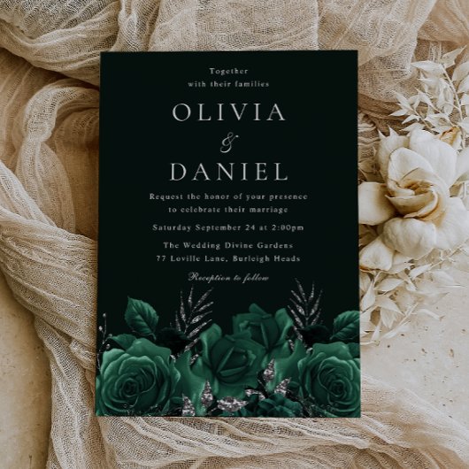 Elegant Smaragd Groen Bloemen Bruiloft Kaart