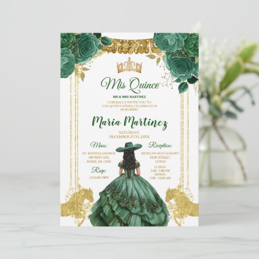 Elegant Smaragd Groen Bloemen Goud Paard Mis Quinc Kaart (Staand voorkant)