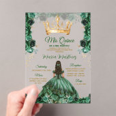 Elegant Smaragd Groen Bloemen Gouden Kroon Mis Qui Acryl Uitnodigingen (Insitu (Draagbaar))
