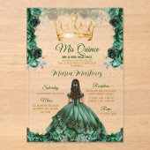 Elegant Smaragd Groen Bloemen Gouden Kroon Mis Qui Acryl Uitnodigingen (Voorkant)
