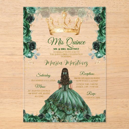 Elegant Smaragd Groen Bloemen Gouden Kroon Mis Qui Acryl Uitnodigingen (Voorkant)