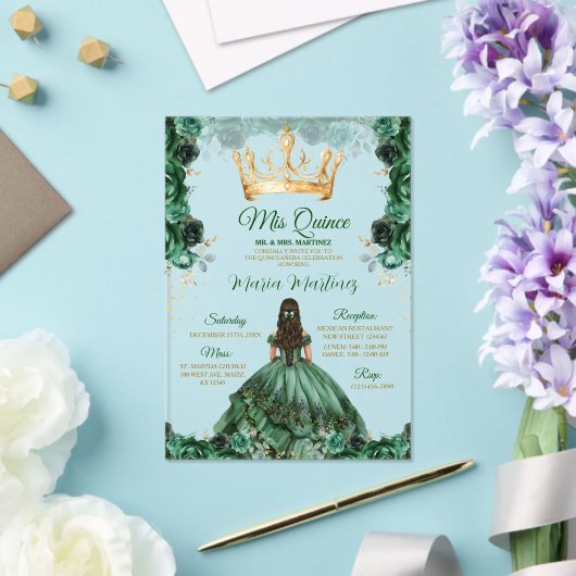 Elegant Smaragd Groen Bloemen Gouden Kroon Mis Qui Acryl Uitnodigingen (Insitu (Huwelijk))