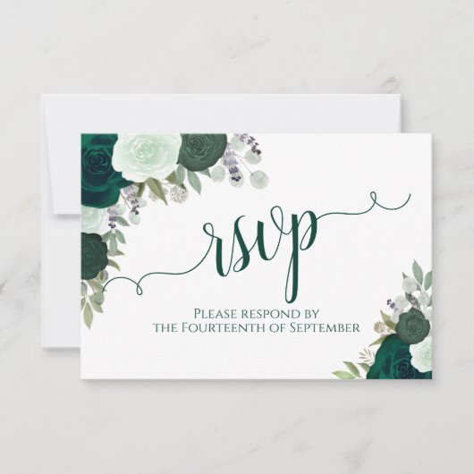 Elegant Smaragd Groen Bloemen Kalligrafie Bruiloft RSVP Kaartje (Voorkant)