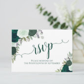 Elegant Smaragd Groen Bloemen Kalligrafie Bruiloft RSVP Kaartje (Staand voorkant)