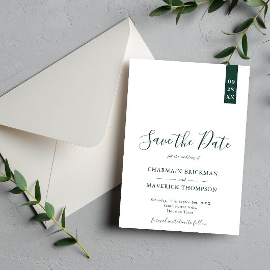 Elegant Smaragd Groen en Wit Script Bruiloft Save The Date
