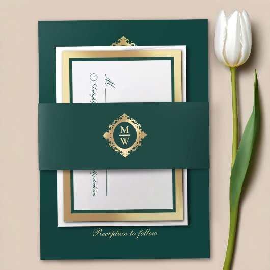 Elegant Smaragd Groen Goud Bruiloft Monogram Uitnodigingen Wikkel