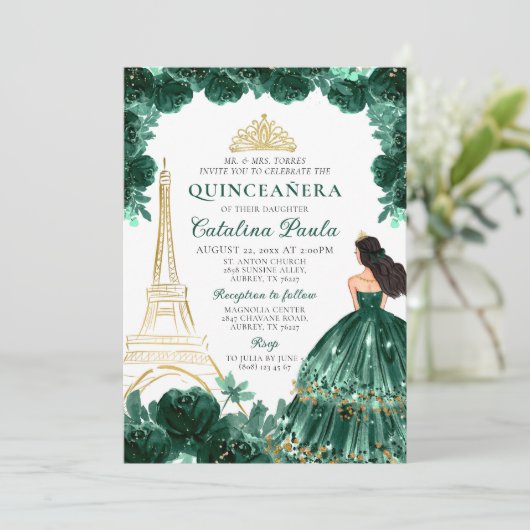 Elegant Smaragd Groen Goud Tiara Paris Quinceañera Kaart (Staand voorkant)