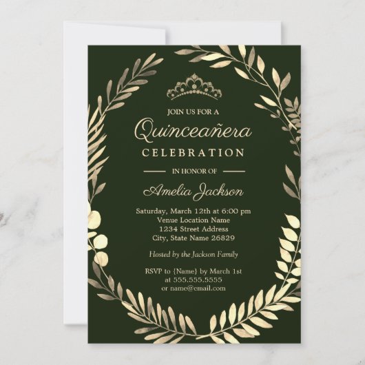 Elegant Smaragd Groen Gouden Krans Quinceanera Kaart (Voorkant)