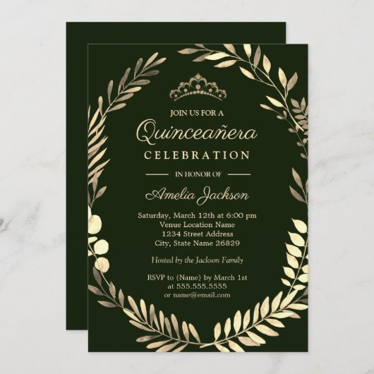 Elegant Smaragd Groen Gouden Krans Quinceanera Kaart (Voorkant / Achterkant)