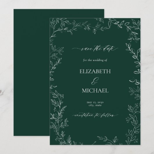 Elegant Smaragd Groen Modern Leaf Save the Date Kaart (Voorkant / Achterkant)