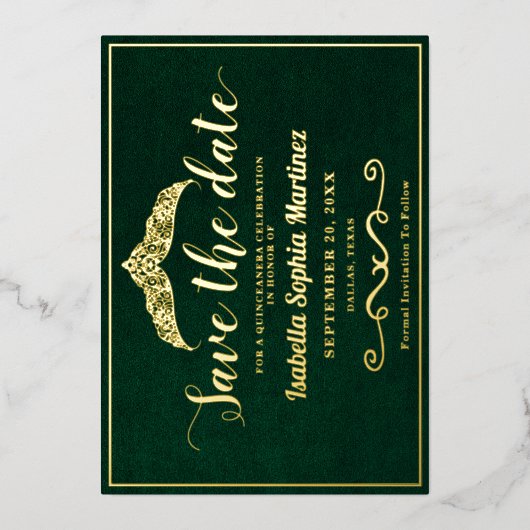 Elegant Smaragd Groen Quinceañera Save The Date Folie Uitnodiging (Voorkant)