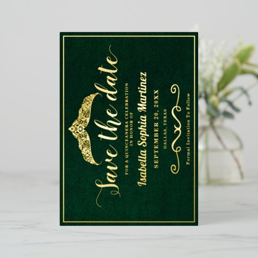 Elegant Smaragd Groen Quinceañera Save The Date Folie Uitnodiging (Staand Voorkant)