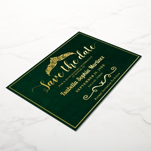 Elegant Smaragd Groen Quinceañera Save The Date Folie Uitnodiging (Gedraaid)