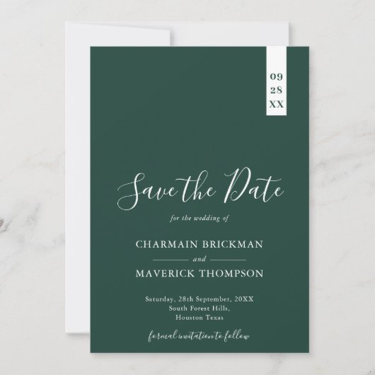 Elegant Smaragd Groen Script Bruiloft Save The Date (Voorkant)