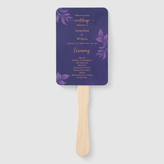 Elegant Smaragd Paarse Eucalyptus Trouwprogramma Handwaaier (Voorkant)