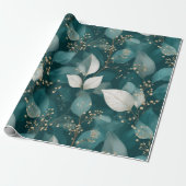 Elegant Smaragdblad Wit Bloemmotief Cadeaupapier (Uitgerold)