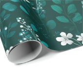 Elegant Smaragdblad Wit Bloemmotief Cadeaupapier (Rol Hoek)