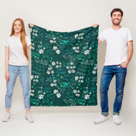 Elegant Smaragdblad Wit Bloemmotief Fleece Deken