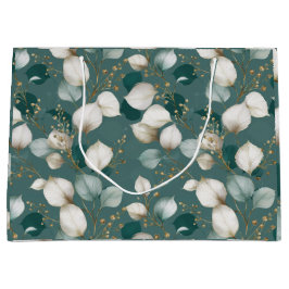 Elegant Smaragdblad Wit Bloemmotief Groot Cadeauzakje