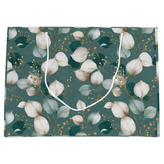 Elegant Smaragdblad Wit Bloemmotief Groot Cadeauzakje (Voorkant)