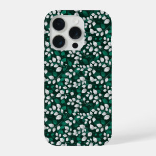 Elegant Smaragdblad Wit Bloemmotief iPhone 15 Pro Case