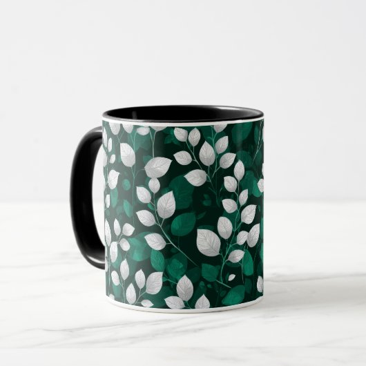 Elegant Smaragdblad Wit Bloemmotief Mok (Voorkant links)