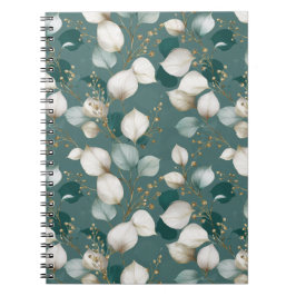 Elegant Smaragdblad Wit Bloemmotief Notitieboek
