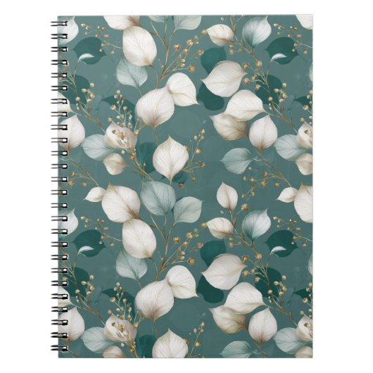Elegant Smaragdblad Wit Bloemmotief Notitieboek (Voorkant)