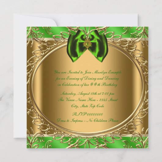 Elegant smaragdgroen en gouden verjaardagsfeestje kaart (Achterkant)