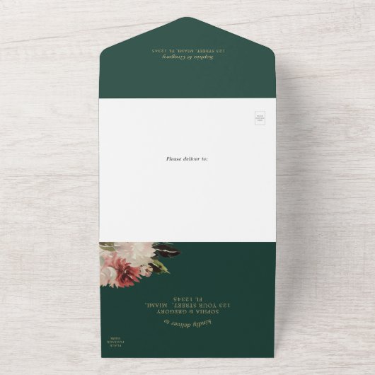 Elegant smaragdgroen | Floral Boho Calligraphic All In One Uitnodiging (Buitenkant)