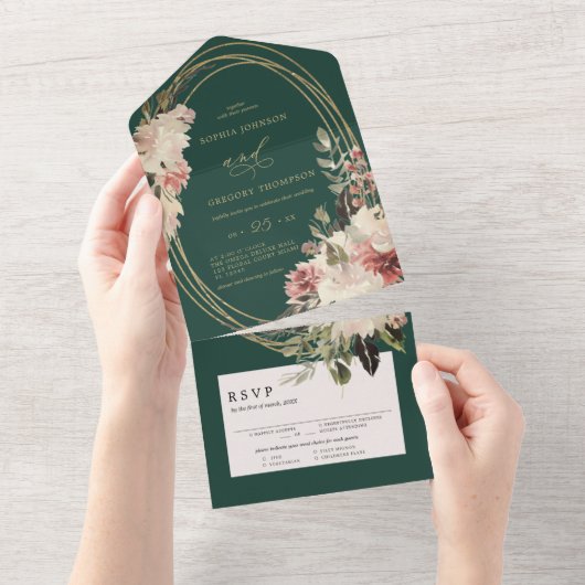 Elegant smaragdgroen | Floral Boho Calligraphic All In One Uitnodiging (Afscheurbaar)
