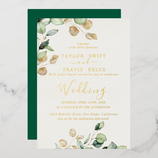 Elegant smaragdgroen | Gold Foil Wedding Folie Uitnodiging (Voorkant / Achterkant)