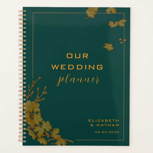 Elegant Smaragdgroen & Goud Bloem Huwelijk Planner (Voorkant)