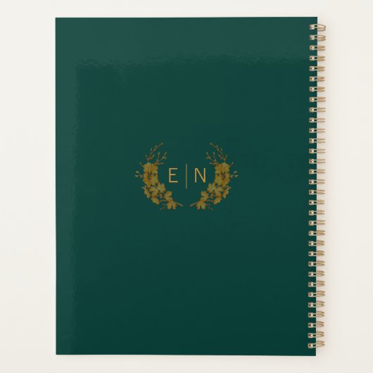 Elegant Smaragdgroen & Goud Bloem Huwelijk Planner (Achterkant)
