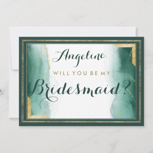 Elegant smaragdgroen goud glitter bruidsmeisje kaart (Voorkant)
