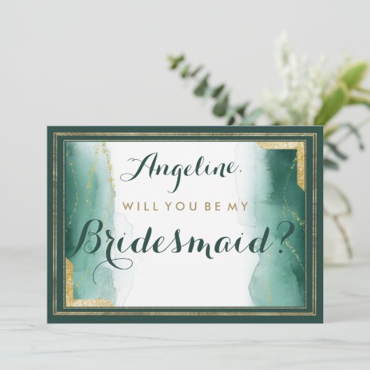 Elegant smaragdgroen goud glitter bruidsmeisje kaart (Staand voorkant)
