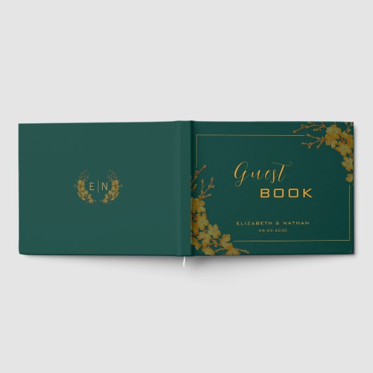 Elegant Smaragdgroen & Gouden Bloemen Gastboek Gastenboek (Volledig)