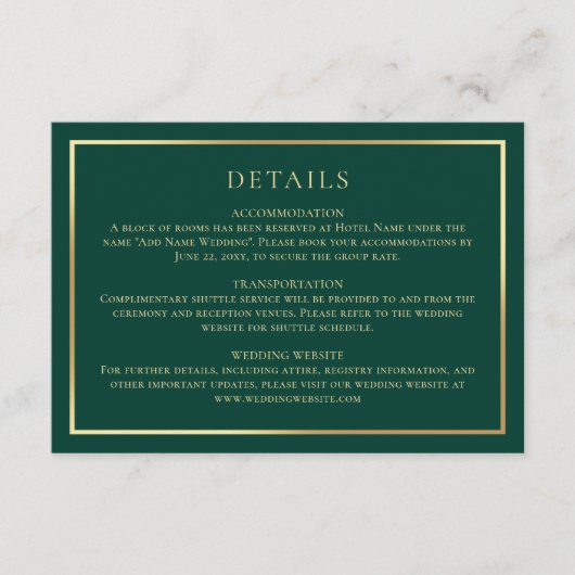 Elegant Smaragdgroen Horizontaal Klassiek Goud Informatiekaartje (Voorkant)