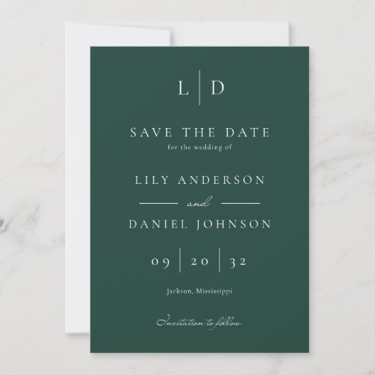 Elegant Smaragdgroen Minimalistisch Monogram Trouw Save The Date (Voorkant)