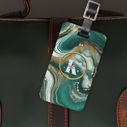 Elegant smaragdmarmer met gouden Initiaal en naam Bagagelabel