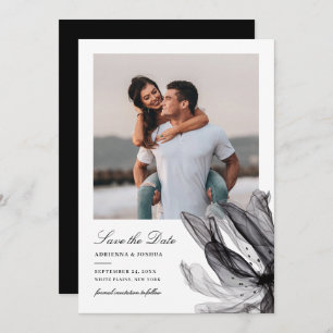 Elegant Smoky Floral Black White Photo Weduwnaar Save The Date