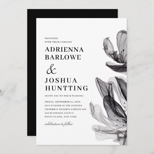 Elegant Smoky Flowers Side Text Black Wedding Kaart (Voorkant / Achterkant)