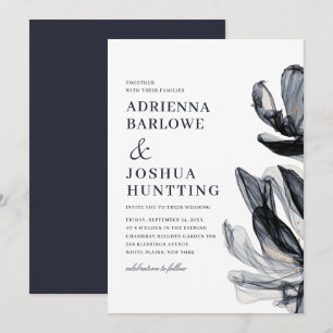 Elegant Smoky Flowers Side Text Navy Weddenschap Kaart